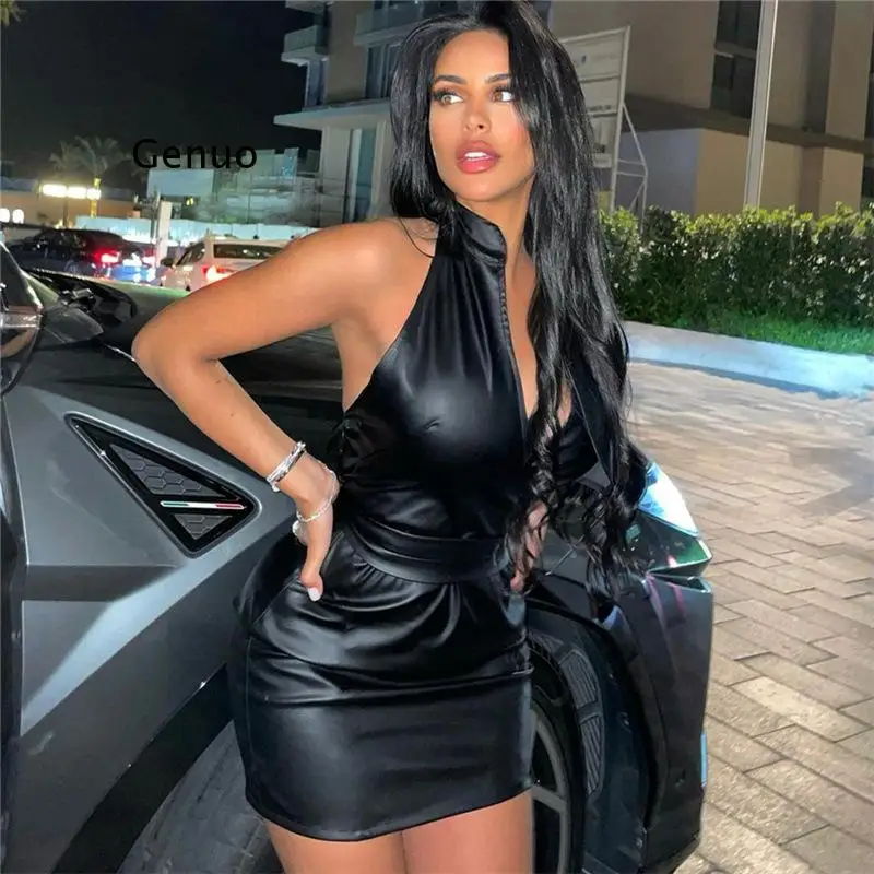 Summer Faux PU Leather Mini Dress Women Biker Halter V-neck Sleeveless Bow Tie Skinny High Street Hipster Skirt
Summer Faux PU Leather Mini Dress Women Biker Halter V-neck Sleeveless Bow Tie Skinny High Street Hipster Skirt