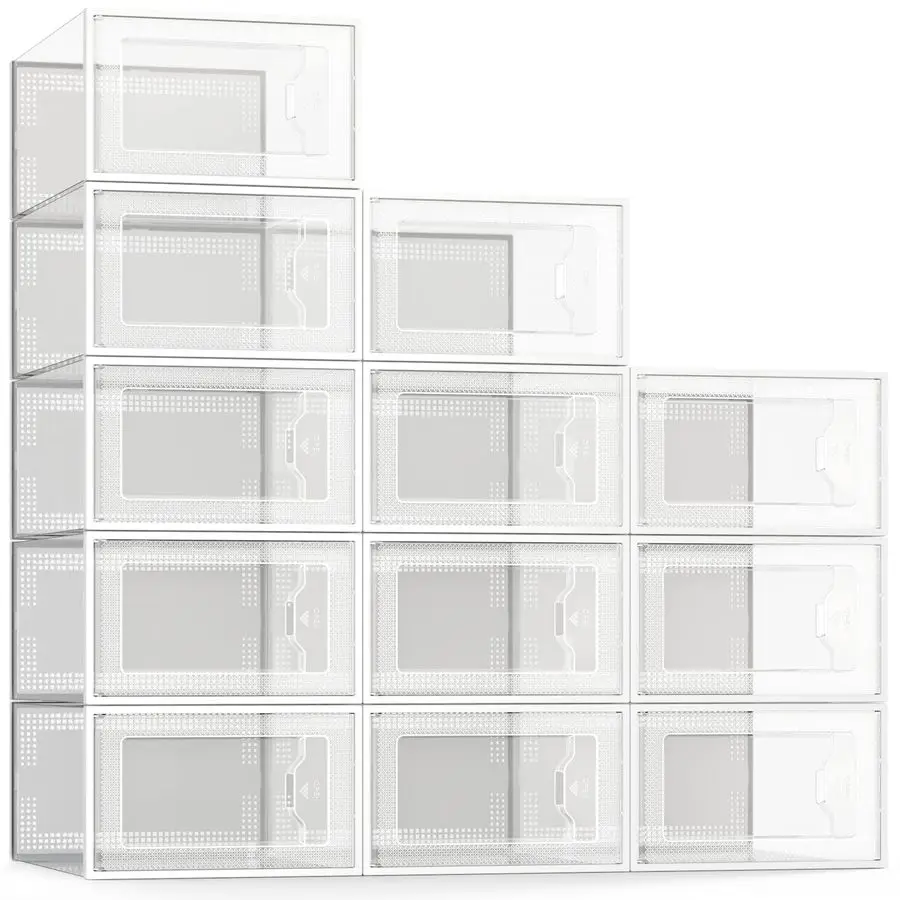 12 Pack Shoe Storage Box, Clear Plastic Stackable Shoe Organizer for Closet, Space Saving Foldable Shoe Rack Sneaker Container B
