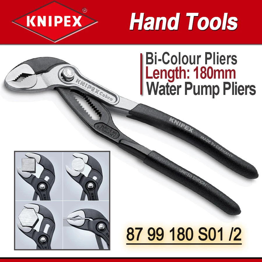 KNIPEX Cobra High-Tech Water Pump Pliers 180mm Bi-Colour Christmas White /Black Box Adjustable Plier Pipe Wrench 87 99 180 S01/2
KNIPEX Cobra High-Tech Water Pump Pliers 180mm Bi-Colour Christmas White /Black Box Adjustable Plier Pipe Wrench 87 99 180 S01/2