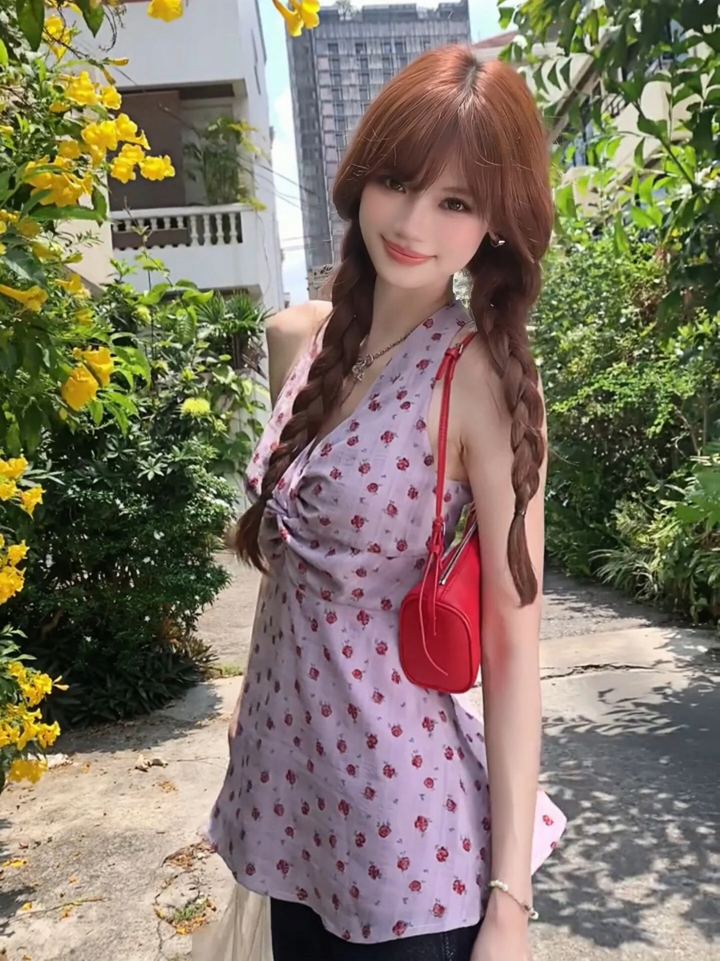 Purple Floral Knot V-Neck Hanging Neck Vest Women's Summer Korean Style Spicy Slim Fit Sleeveless Top for Holiday Wear
Purple Floral Knot V-Neck Hanging Neck Vest Women's Summer Korean Style Spicy Slim Fit Sleeveless Top for Holiday Wear