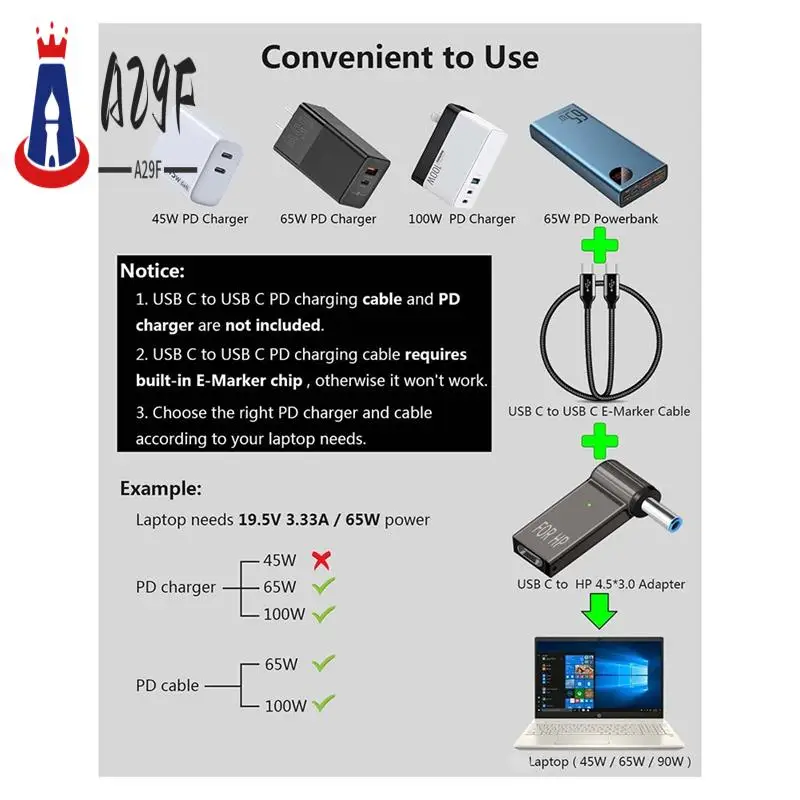 A29F-USB C на 4,5 мм адаптер для зарядки ноутбука типа C на штекер постоянного тока 4,5X3 мм, штекерный преобразователь 100 Вт, зарядное устройство PD
A29F-USB C на 4,5 мм адаптер для зарядки ноутбука типа C на штекер постоянного тока 4,5X3 мм, штекерный преобразователь 100 Вт, зарядное устройство PD