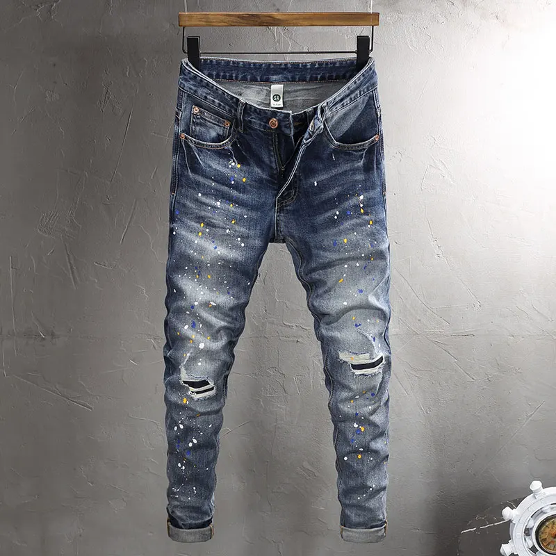 Street Fashion Men Jeans Retro Washed Blue Elastic Slim Fit Vintage Ripped Jeans Men Painted Designer Hip Hop Denim Pants Hombre
Street Fashion Men Jeans Retro Washed Blue Elastic Slim Fit Vintage Ripped Jeans Men Painted Designer Hip Hop Denim Pants Hombre