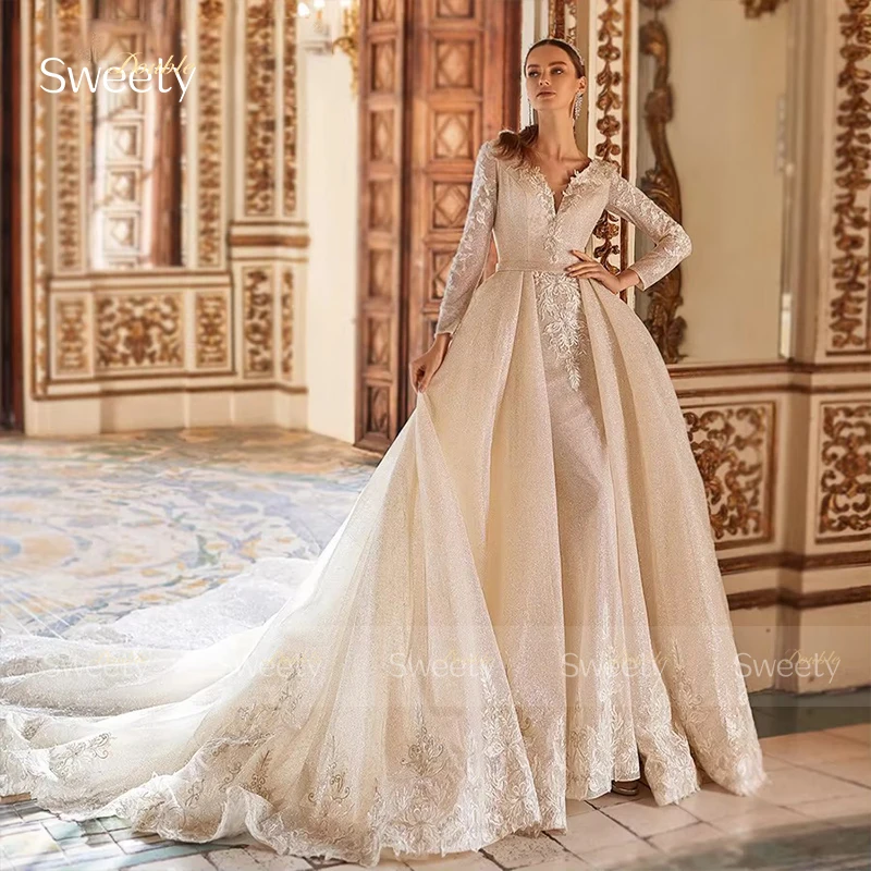 Glitter Detachable Train Wedding Dress Organza With Embroidery Mermaid Ball Gown Full Sleeve V-Neck Customized Vestido De Novia
Glitter Detachable Train Wedding Dress Organza With Embroidery Mermaid Ball Gown Full Sleeve V-Neck Customized Vestido De Novia
