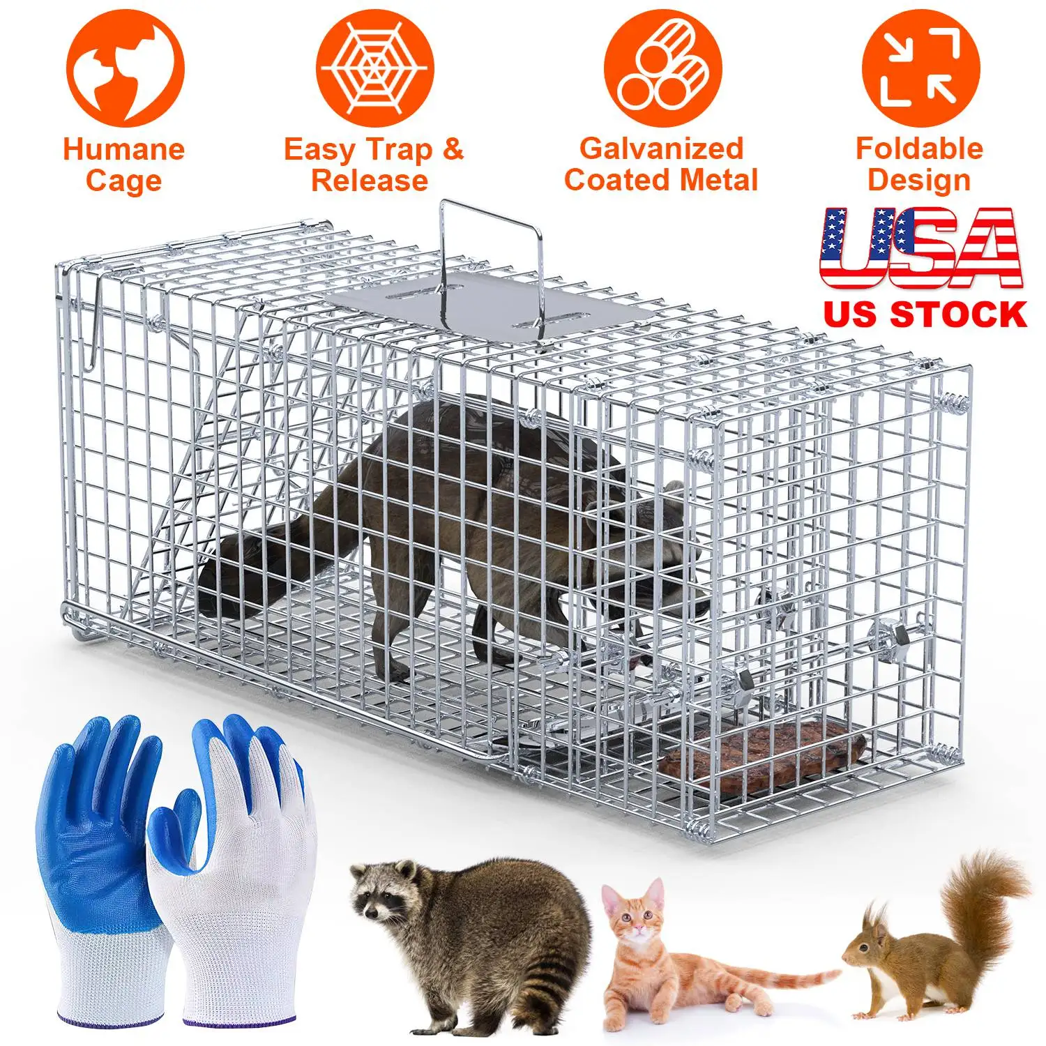 US Stock 25.59Inch Humane Live Animal Trap Cage Heavy Duty Foldable Catch and Release Cage for Raccoon Stray Cat Opossum Groundhog Squirrel Skunk Rabbit Rodent Pest Control Cage with Guard Handle Protective Gloves Fast Delivery
US Stock 25.59Inch Humane Live Animal Trap Cage Heavy Duty Foldable Catch and Release Cage for Raccoon Stray Cat Opossum Groundhog Squirrel Skunk Rabbit Rodent Pest Control Cage with Guard Handle Protective Gloves Fast Delivery