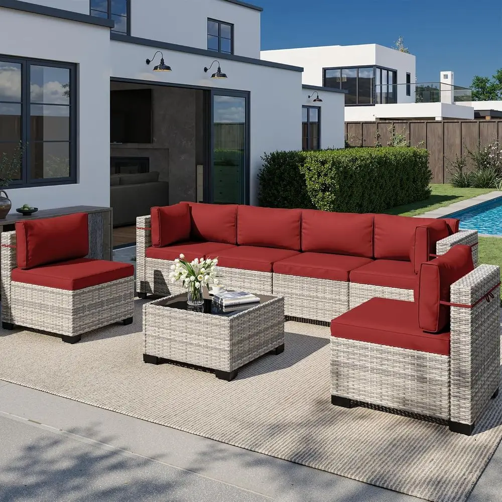 All-Weather 7-Piece Outdoor Patio Sectional Sofa Set with PE Wicker, Tempered Glass Table, and Cushions - Red
All-Weather 7-Piece Outdoor Patio Sectional Sofa Set with PE Wicker, Tempered Glass Table, and Cushions - Red