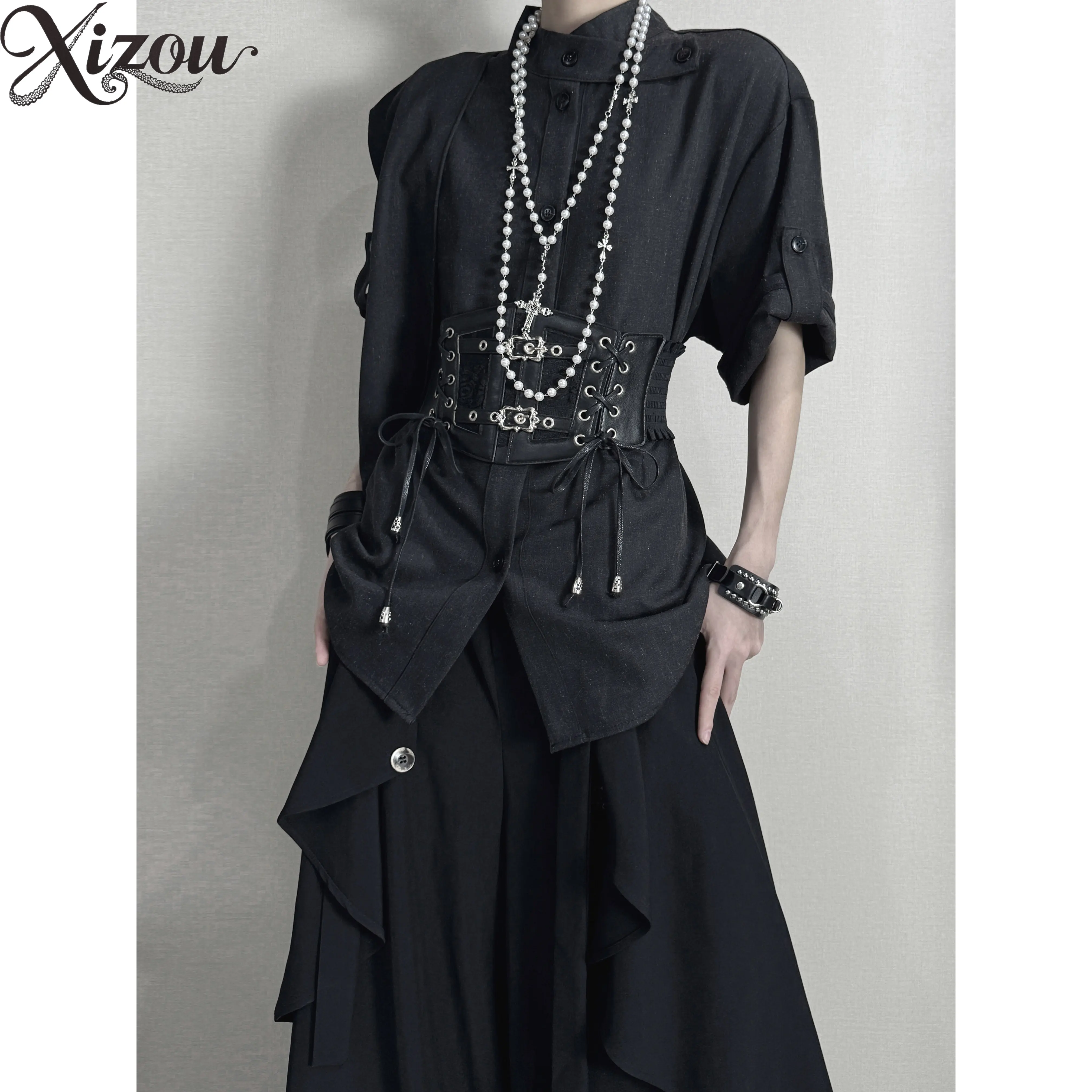 Scarf Ribbon Short Sleeve Shirt Neutral Patchwork Gothic Y2k Texture Solid Loose Daily Tops Irregular Blouses Unisex Chinese
Scarf Ribbon Short Sleeve Shirt Neutral Patchwork Gothic Y2k Texture Solid Loose Daily Tops Irregular Blouses Unisex Chinese