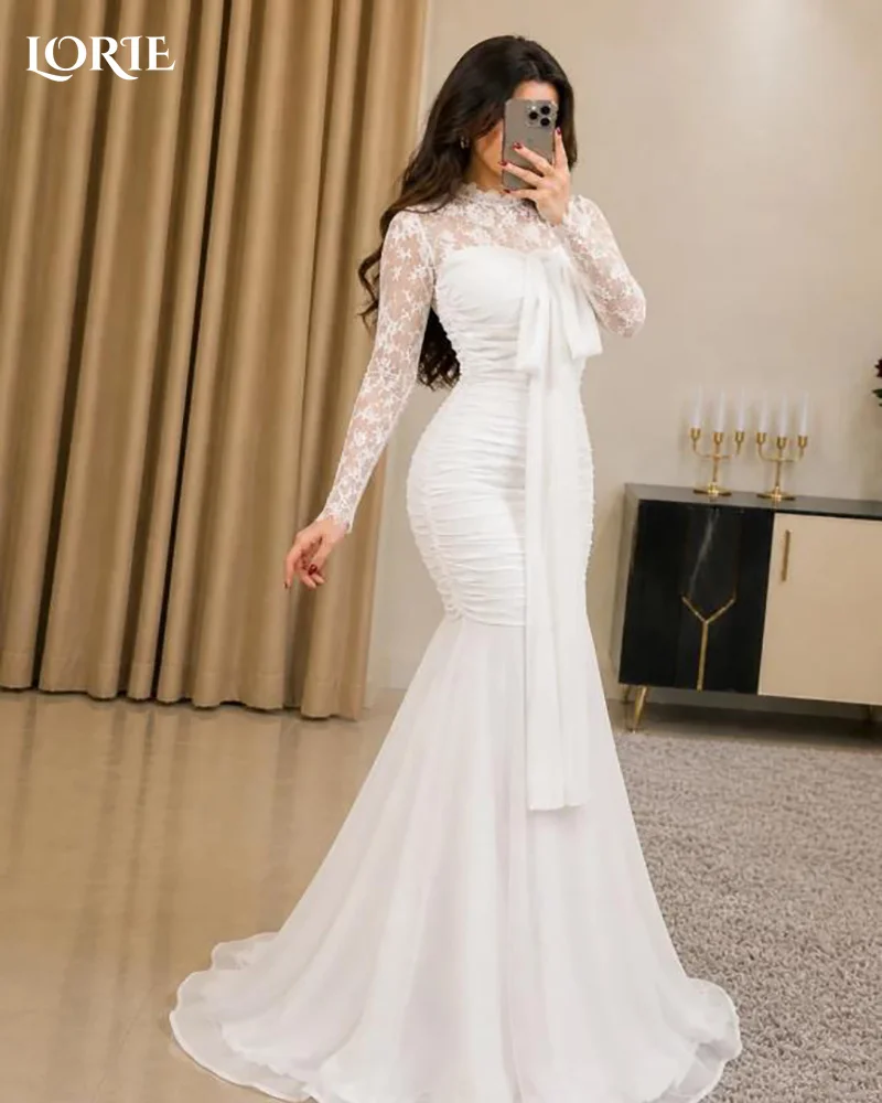 LORIE Lace Muslim Wedding Dresses Applique Bow High Collar Flared Sleeve Church Mermaid Bridal Gown Saudi Party GownsCustomized
LORIE Lace Muslim Wedding Dresses Applique Bow High Collar Flared Sleeve Church Mermaid Bridal Gown Saudi Party GownsCustomized