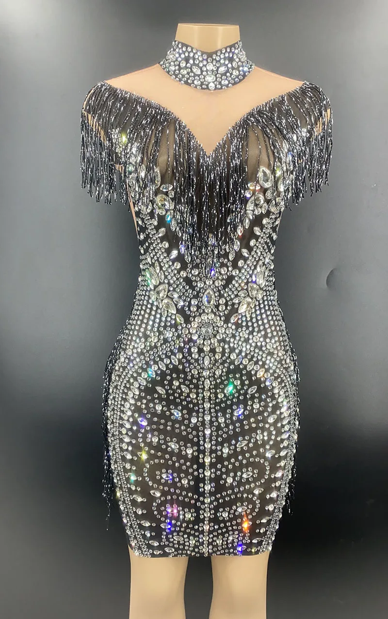 Mesh Sexy Sparkly Silver Rhinestone Women Black Fringe Transparent Short Dress Evening Birthday Celebrate Prom Bar Dancer Dress
Mesh Sexy Sparkly Silver Rhinestone Women Black Fringe Transparent Short Dress Evening Birthday Celebrate Prom Bar Dancer Dress
