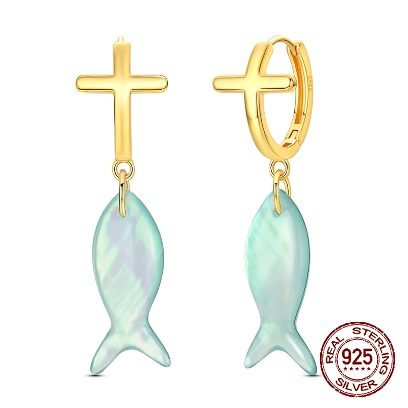 925 Sterling Silver Cross Fish Earrings Natural Blue Shell Fish Charm Dangle Hoop Earrings Beach Jewelry Gift for Women
925 Sterling Silver Cross Fish Earrings Natural Blue Shell Fish Charm Dangle Hoop Earrings Beach Jewelry Gift for Women