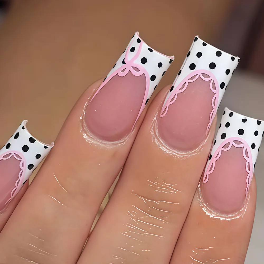 Black polka dot pink bow white French ballet style nail patches set of 24
Black polka dot pink bow white French ballet style nail patches set of 24
