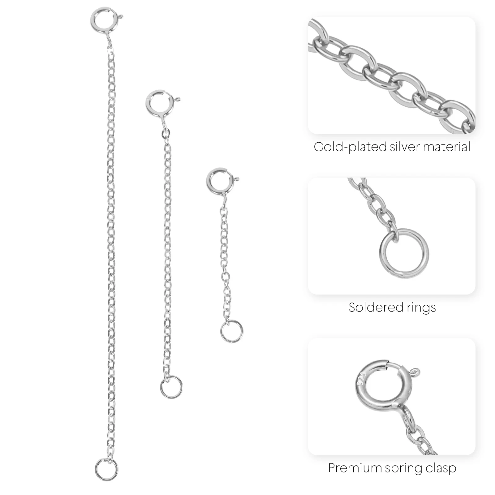 3pcs Sterling Silver Extension Chains For Necklaces Bracelets, Diy Jewelry Making Accessories With Clasp, Delicate
3pcs Sterling Silver Extension Chains For Necklaces Bracelets, Diy Jewelry Making Accessories With Clasp, Delicate