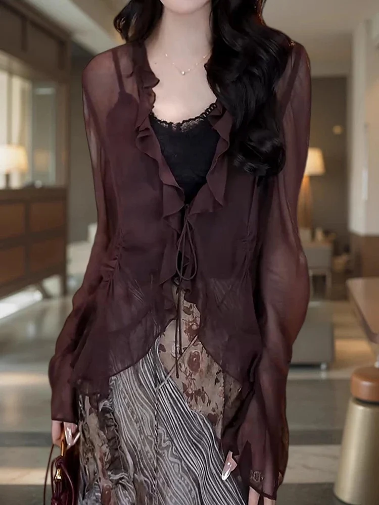 Sun Protection V-Neck Tie Waist Slimming Summer Shirt Women's Translucent Thin Style Bell Sleeve Cardigan Top Casual Straight
Sun Protection V-Neck Tie Waist Slimming Summer Shirt Women's Translucent Thin Style Bell Sleeve Cardigan Top Casual Straight