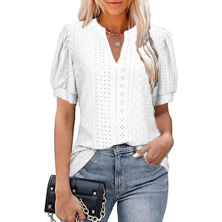 2025 New Spring and Summer Leisure V-neck Solid Color Hollow Bubble Sleeve Loose T-shirt
2025 New Spring and Summer Leisure V-neck Solid Color Hollow Bubble Sleeve Loose T-shirt