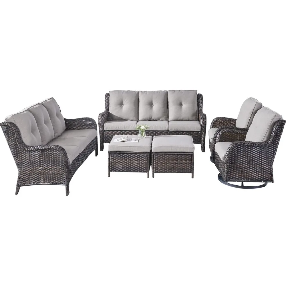 A Rattan Patio Furniture Set, A 6-piece Rattan Outdoor Sectional Sofa Set, Including 2 Rocking Chairs, 2 Footstools and 2 Sofas
A Rattan Patio Furniture Set, A 6-piece Rattan Outdoor Sectional Sofa Set, Including 2 Rocking Chairs, 2 Footstools and 2 Sofas