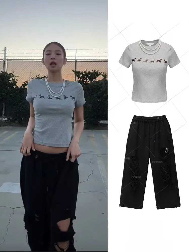 Jennie American Style Pearl Pendant Top Spicy Girl Slim Fit Short Sleeve Printed T-Shirt Cotton Spring Women's Fashion
Jennie American Style Pearl Pendant Top Spicy Girl Slim Fit Short Sleeve Printed T-Shirt Cotton Spring Women's Fashion