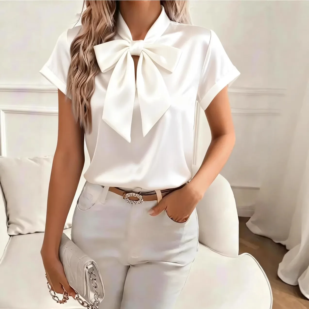 Women Short Sleeve Bow Tie Collar Satin Blouse Elegant Office Lady Fashion Top Summer
Women Short Sleeve Bow Tie Collar Satin Blouse Elegant Office Lady Fashion Top Summer