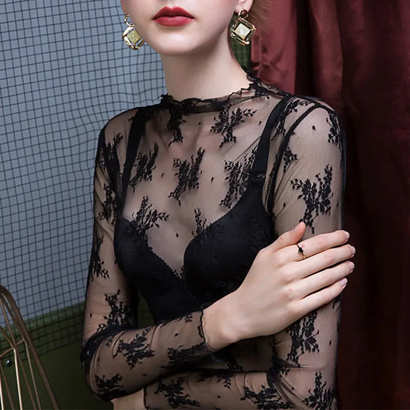 Spring Fashion Women's Lace Trim Slim Fit Base Shirt Mesh Inner Wear Elegant Sexy Floral Cover up Top Korean Style
Spring Fashion Women's Lace Trim Slim Fit Base Shirt Mesh Inner Wear Elegant Sexy Floral Cover up Top Korean Style