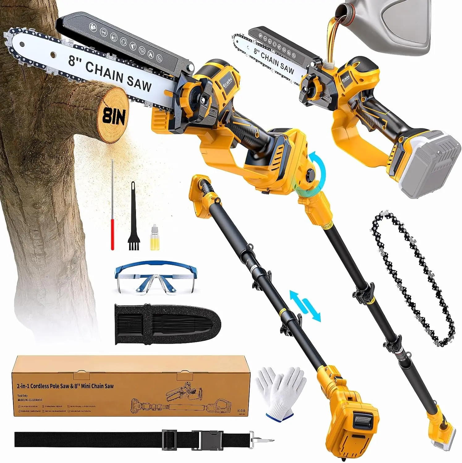 2 in 1 Electric Pole Saw Compatible with Dewalt 20V Battery 8 Inch Mini Chainsaw Brushless Tree Trimmer with Extension Pole
2 in 1 Electric Pole Saw Compatible with Dewalt 20V Battery 8 Inch Mini Chainsaw Brushless Tree Trimmer with Extension Pole