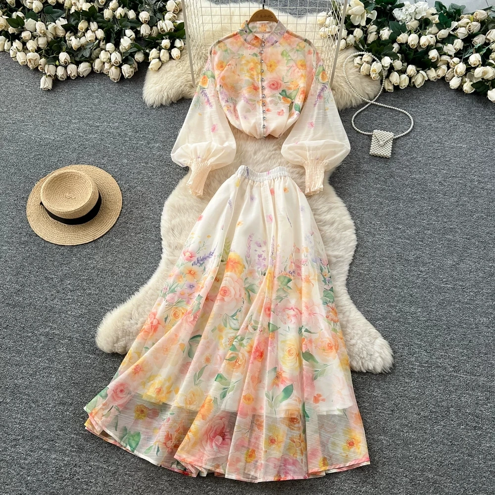 Elegant Pearl 2 Piece Long Dress Suit for Women Summer Lantern Sleeve Blouse with Flower Print A-Line Long Skirt Set
Elegant Pearl 2 Piece Long Dress Suit for Women Summer Lantern Sleeve Blouse with Flower Print A-Line Long Skirt Set
