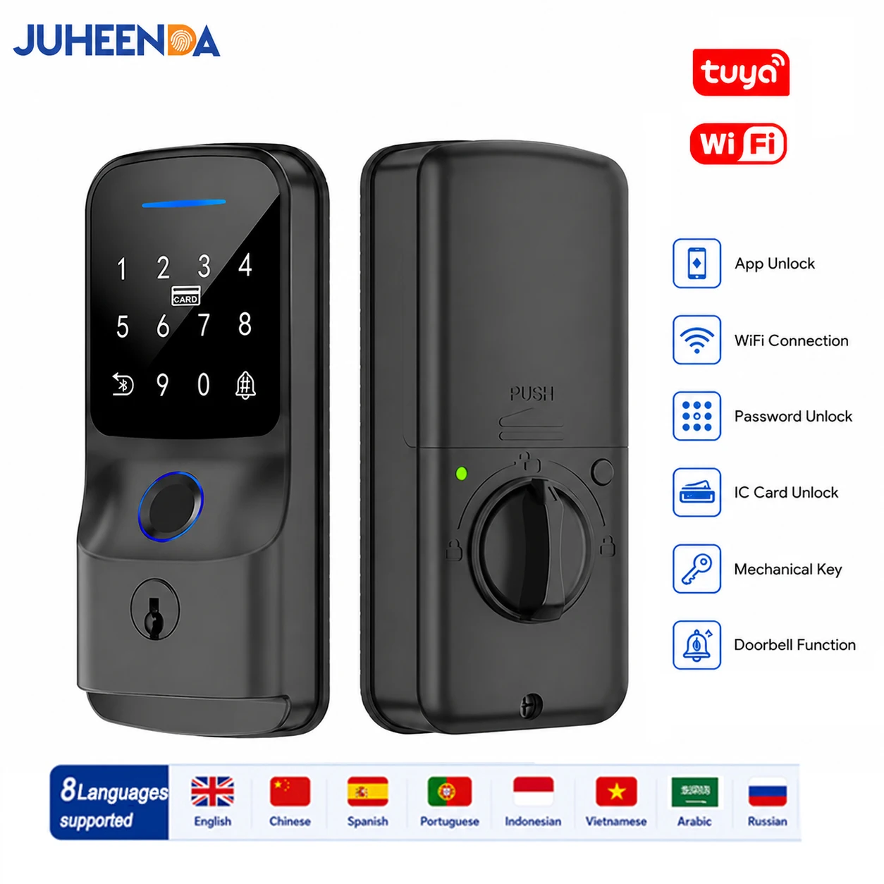 8 Languages Tuya Smart Lock WiFi Fingerprint Door Lock Password Card Key Unlock Digital Electronic Deadbolt Lock for Front Door
8 Languages Tuya Smart Lock WiFi Fingerprint Door Lock Password Card Key Unlock Digital Electronic Deadbolt Lock for Front Door