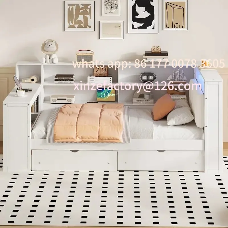 Customizable Wood Twin Size Platform Bed with Storage, Drawers, Charging Station, LED Light, Desk, Upholstered Headboard, White
Customizable Wood Twin Size Platform Bed with Storage, Drawers, Charging Station, LED Light, Desk, Upholstered Headboard, White