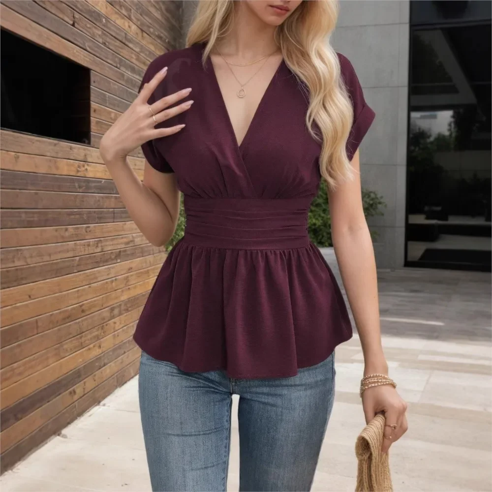 CPSYMYM Sexy deep V neck cinched waist off-the-shoulder short sleeved women's shirt summer new elegant pleated Female T shirt to
CPSYMYM Sexy deep V neck cinched waist off-the-shoulder short sleeved women's shirt summer new elegant pleated Female T shirt to