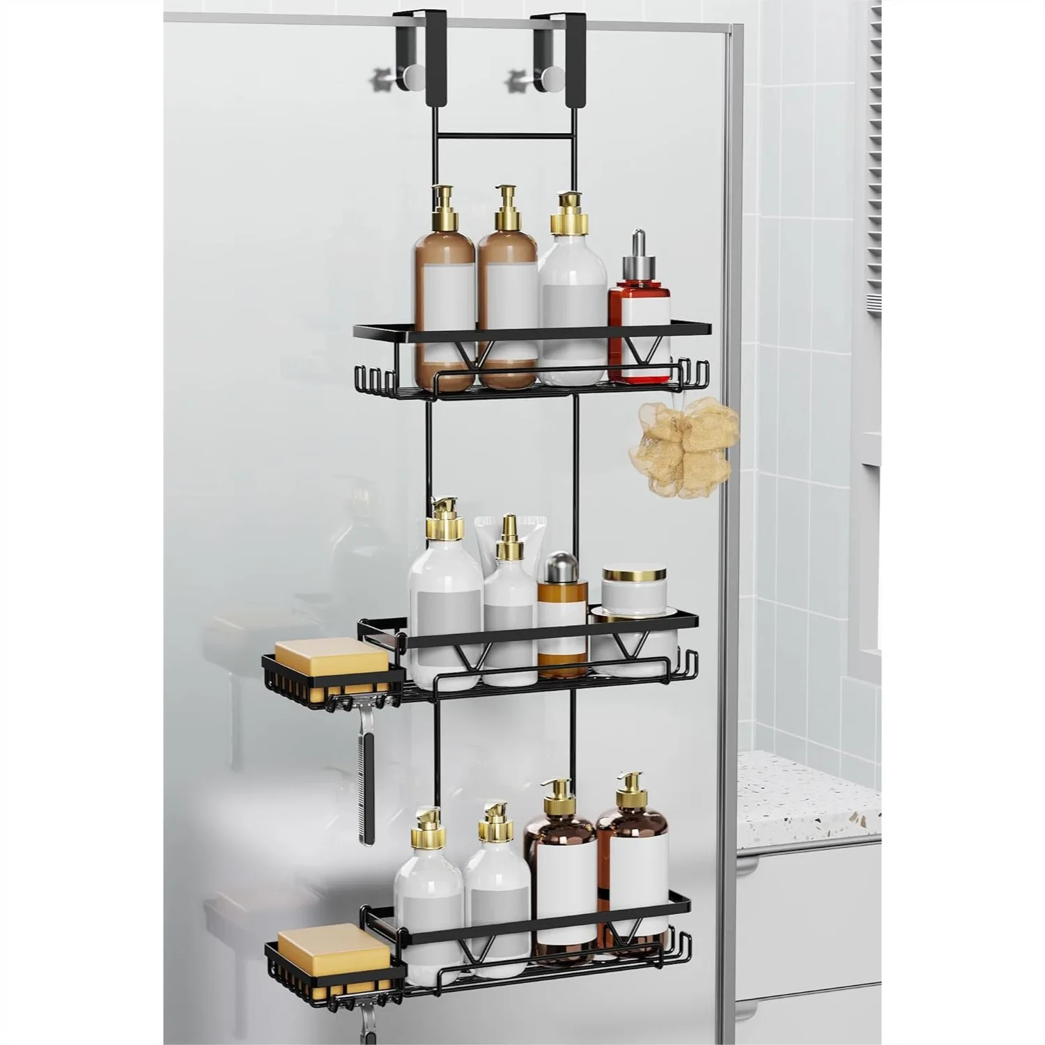 3 Tier Over the Door Shower Organizer, Large Capacity Bathroom Caddy with 2 Soap Holders, 18 Hooks, Rustproof, Black
3 Tier Over the Door Shower Organizer, Large Capacity Bathroom Caddy with 2 Soap Holders, 18 Hooks, Rustproof, Black