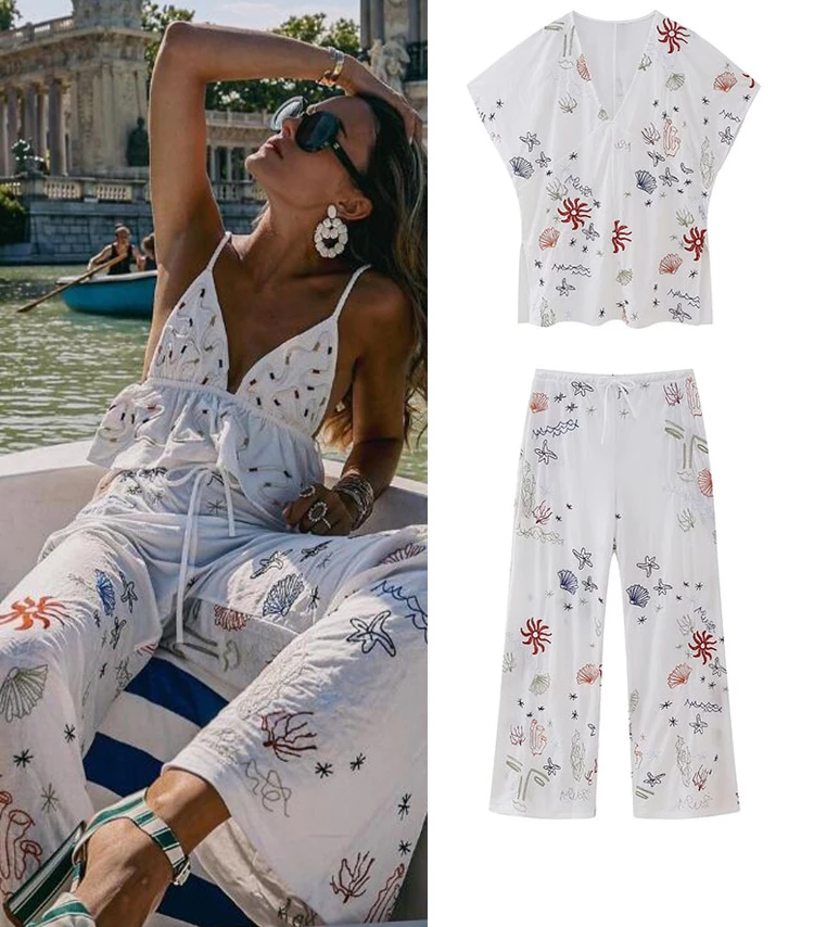 TEELYNN Two Piece Floral Embroidery Pants Sets for Women Casual V-neck Short Sleeve Tops Tee Summer High Waist Pants Suits Lady
TEELYNN Two Piece Floral Embroidery Pants Sets for Women Casual V-neck Short Sleeve Tops Tee Summer High Waist Pants Suits Lady