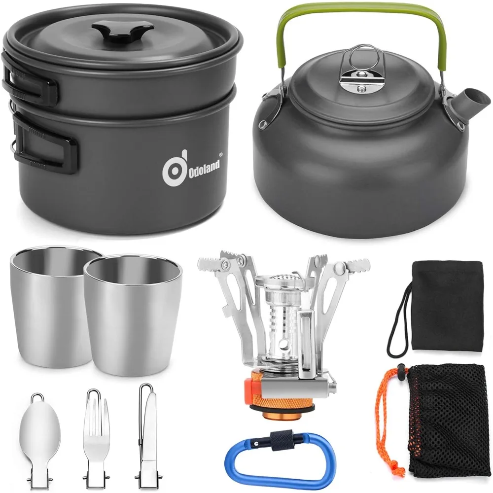 Odoland 12pcs Camping Cookware Mess Kit with Mini Stove, Lightweight Pot Pan Kettle with 2 Cups, Fork Spoon Kit for Backpacking
Odoland 12pcs Camping Cookware Mess Kit with Mini Stove, Lightweight Pot Pan Kettle with 2 Cups, Fork Spoon Kit for Backpacking