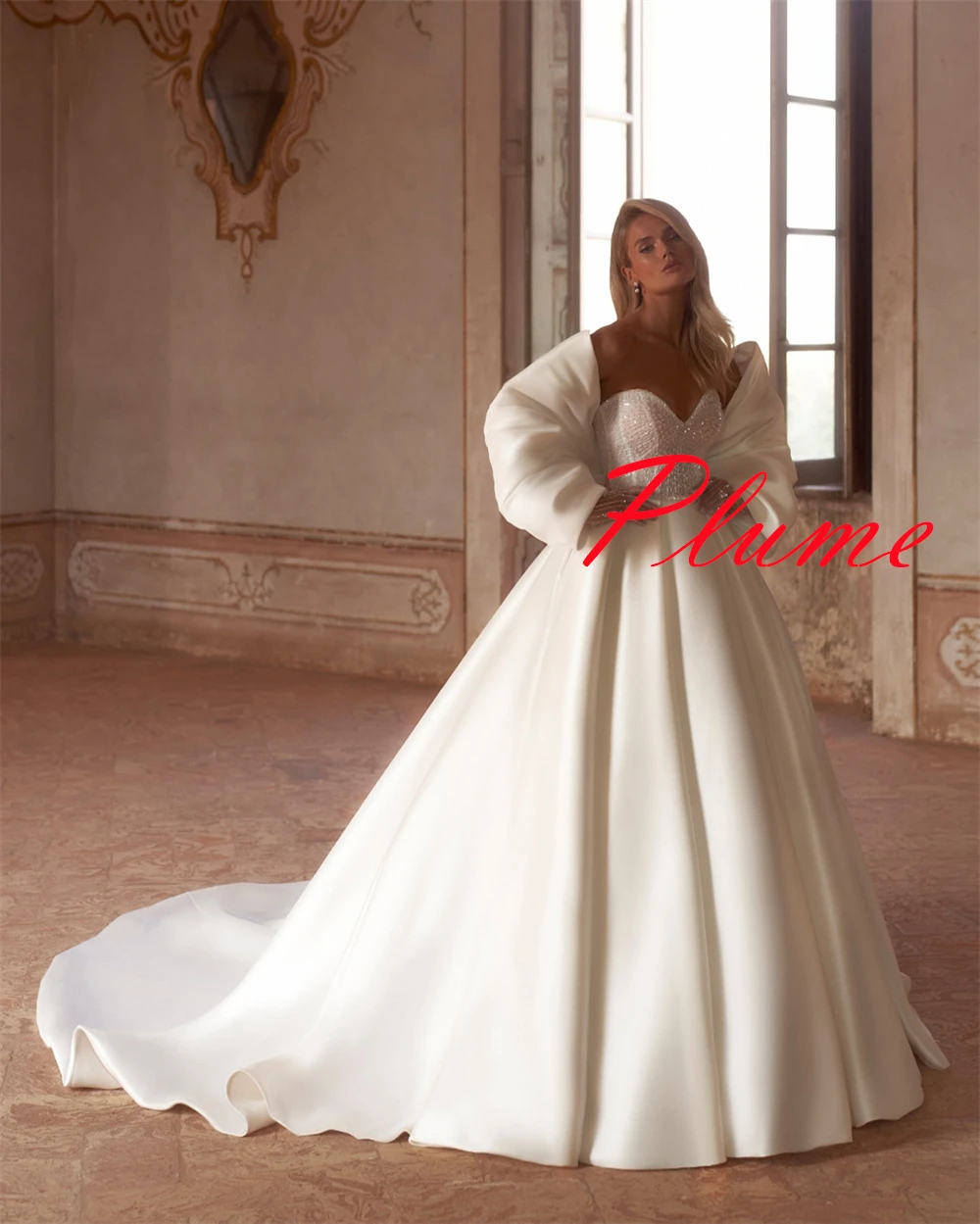 Customized Exquisite White Satin Bridal Gowns Simple Strapless Long Sleeves Wedding Dress Chapel Train Backless Bow Dress
Customized Exquisite White Satin Bridal Gowns Simple Strapless Long Sleeves Wedding Dress Chapel Train Backless Bow Dress