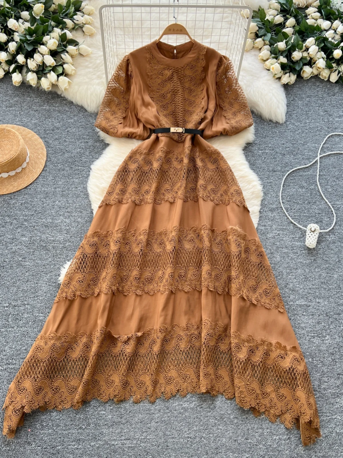 Elegant Lace Splicing round Neck Lantern Sleeve Long Dress Women's High Waist A-Line Skirt Korean Style Commute Fashion
Elegant Lace Splicing round Neck Lantern Sleeve Long Dress Women's High Waist A-Line Skirt Korean Style Commute Fashion