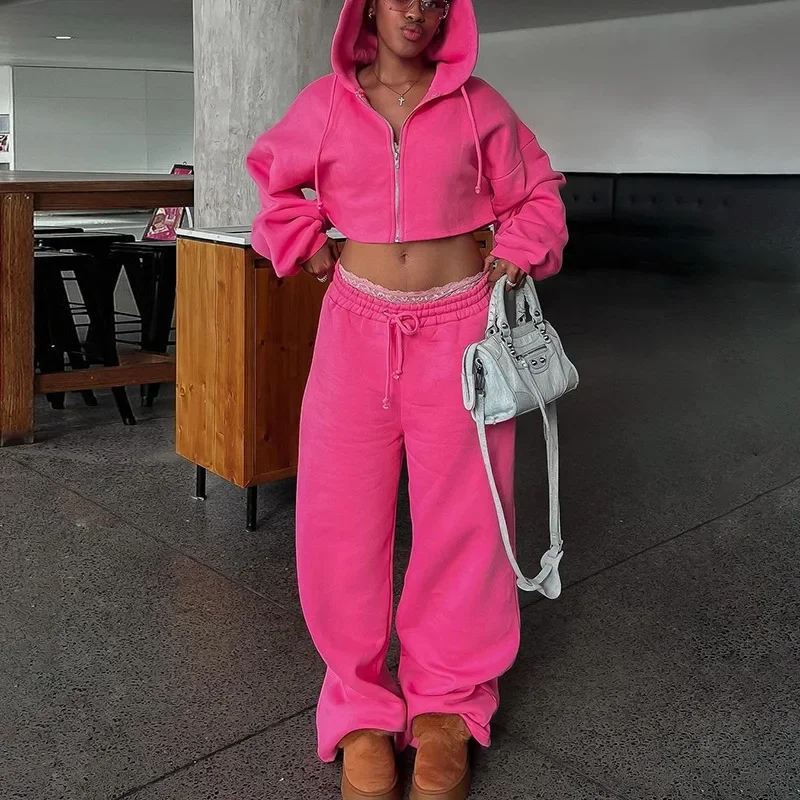 Women Solid Loose Casual Fleece 2 Piece Set Tracksuits Zipper Full Sleeve Hooded Jackets Crop Top + Wide Leg Pants Street Suits
Women Solid Loose Casual Fleece 2 Piece Set Tracksuits Zipper Full Sleeve Hooded Jackets Crop Top + Wide Leg Pants Street Suits
