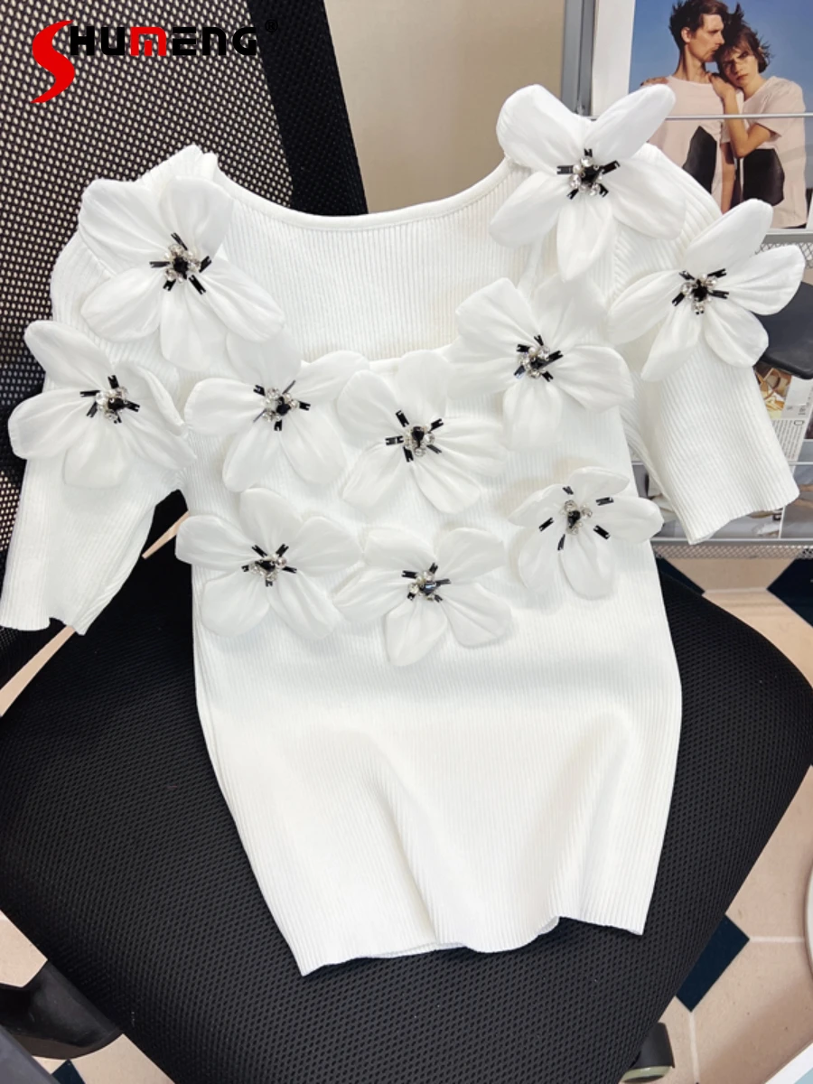 Exquisite Rhinestone Flowers Ice Silk Knitted T shirt Women Slim Fit Round-Neck Short Sleeve tshirt Top 2023 New Summer Clothes
Exquisite Rhinestone Flowers Ice Silk Knitted T shirt Women Slim Fit Round-Neck Short Sleeve tshirt Top 2023 New Summer Clothes
