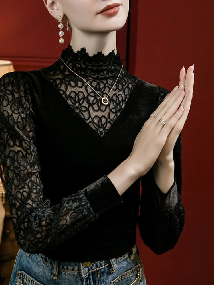 Stand Collar Hollowed Out Lace Patchwork Top With Women's Bubble Sleeves, 2025 Spring New Velvet Black Stylish Small Shirt
Stand Collar Hollowed Out Lace Patchwork Top With Women's Bubble Sleeves, 2025 Spring New Velvet Black Stylish Small Shirt