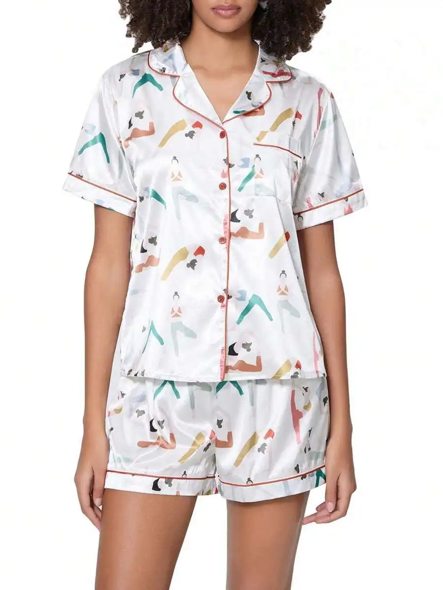 Women Satin Pajama Set Lapel Neck Button Down Short Sleeve Top Elastic Waist Shorts
Women Satin Pajama Set Lapel Neck Button Down Short Sleeve Top Elastic Waist Shorts
