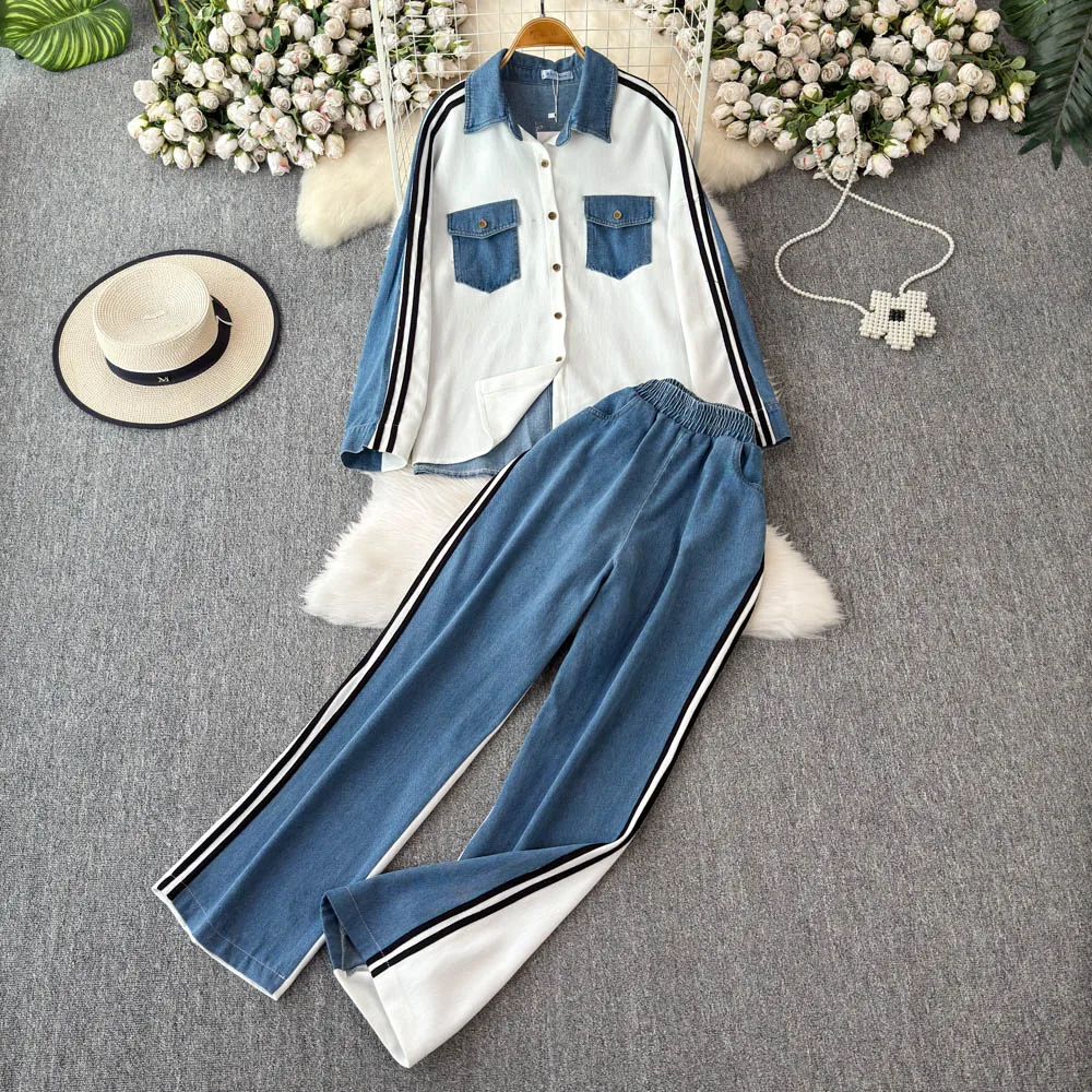Women Denim Clothing Sets Casual Splicing Lapel Long Sleeve Denim Blouse And Wide-leg Pants Outfits
Women Denim Clothing Sets Casual Splicing Lapel Long Sleeve Denim Blouse And Wide-leg Pants Outfits