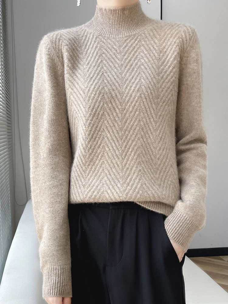 Women Cable Knit Sweater 100% Merino Wool Knitwear Mock-Neck Long Sleeve Basic Pullover Autumn Winter Cashmere Sweater Tops
Women Cable Knit Sweater 100% Merino Wool Knitwear Mock-Neck Long Sleeve Basic Pullover Autumn Winter Cashmere Sweater Tops