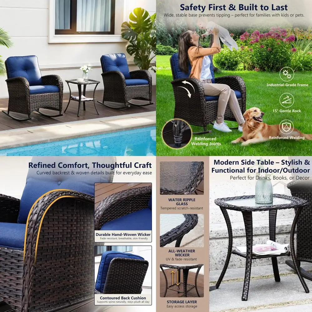 Luxury Outdoor Wicker Rocking Chair Set with Cushions and Glass Table, All-Weather PE Rattan Patio Furniture
Luxury Outdoor Wicker Rocking Chair Set with Cushions and Glass Table, All-Weather PE Rattan Patio Furniture