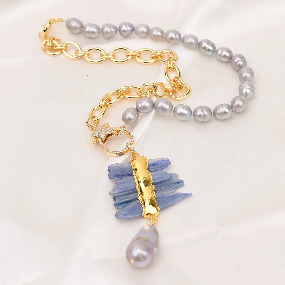 GG 21'' Natural Gray Rice Pearl Gold Plated Metal Chain Necklace Blue Kyanite Baroque Pearl Pendant
GG 21'' Natural Gray Rice Pearl Gold Plated Metal Chain Necklace Blue Kyanite Baroque Pearl Pendant
