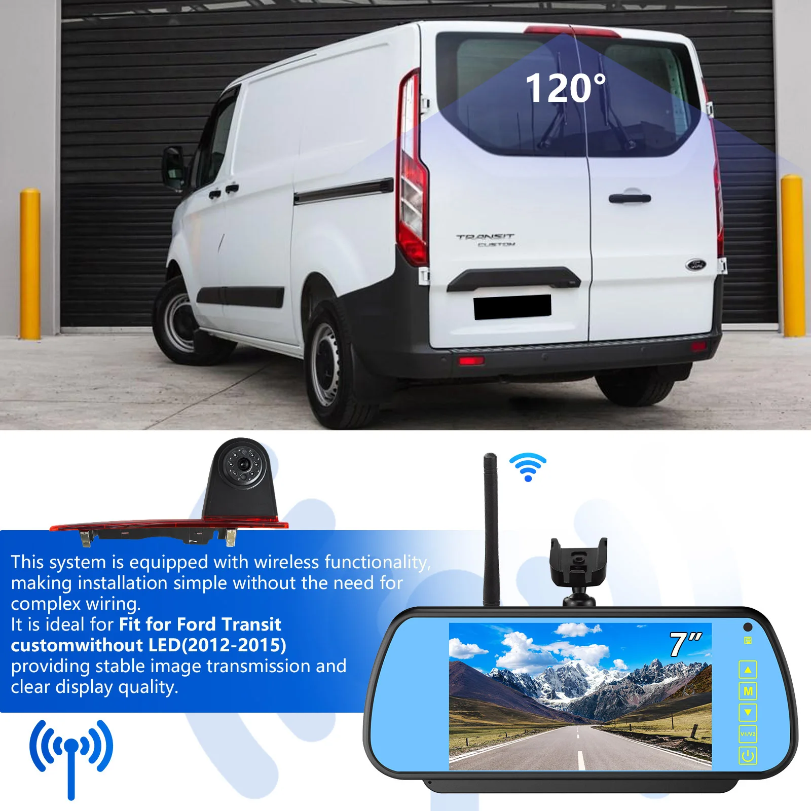 AHD 1080P 3rd Brake Light Reversing CameraWireless kit with 7" Mirror Monitor For Ford Transit Custom 2012/5-2016No lights
AHD 1080P 3rd Brake Light Reversing CameraWireless kit with 7" Mirror Monitor For Ford Transit Custom 2012/5-2016No lights