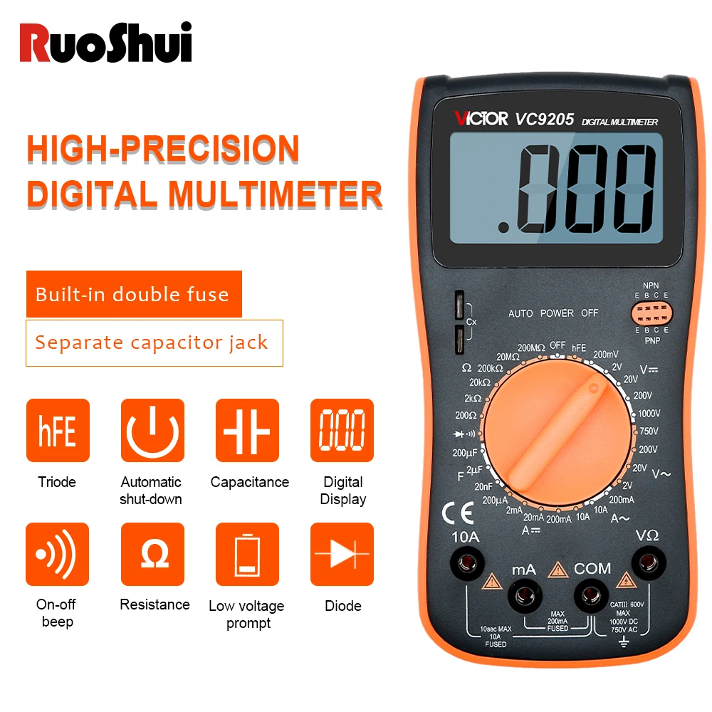 RuoShui 9205 Высокоточный цифровой мультиметр True RMS Измеритель емкости hfe AC/DC 1000 В Тестер непрерывности диода
RuoShui 9205 Высокоточный цифровой мультиметр True RMS Измеритель емкости hfe AC/DC 1000 В Тестер непрерывности диода