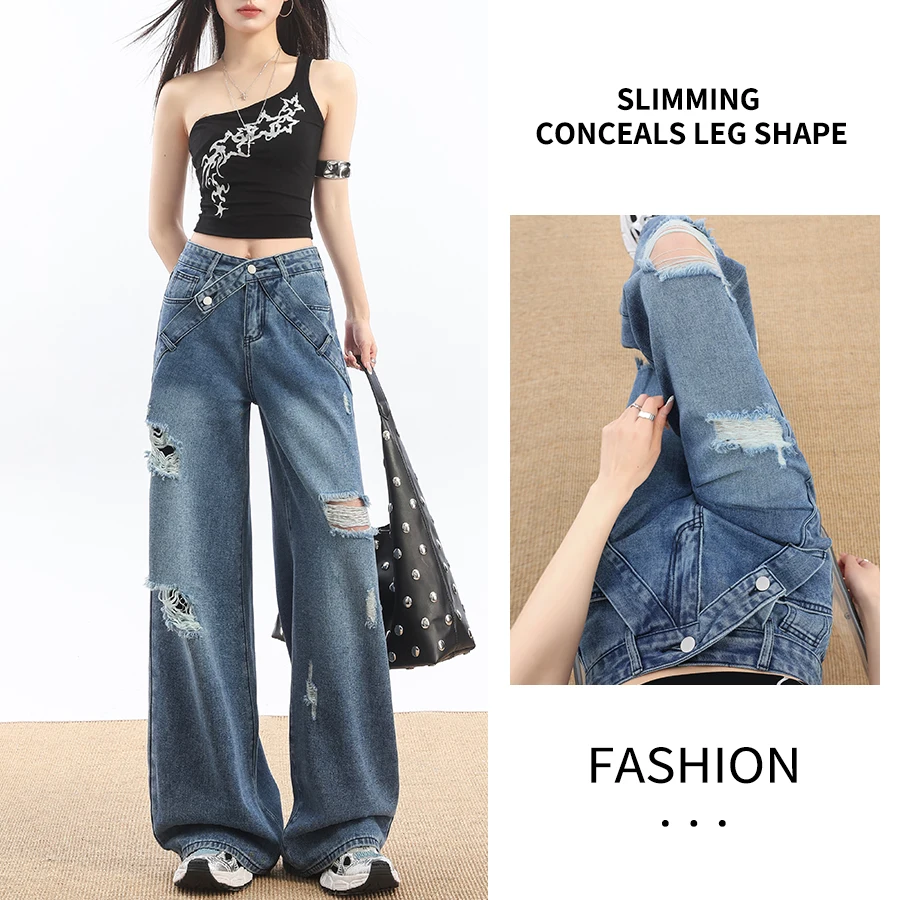 Women's 2026 Spring Plus Size Ripped Wide Leg Jeans Korean Y2K American Retro High Waist Slimming Curved Jeans for Fat MM
Women's 2026 Spring Plus Size Ripped Wide Leg Jeans Korean Y2K American Retro High Waist Slimming Curved Jeans for Fat MM