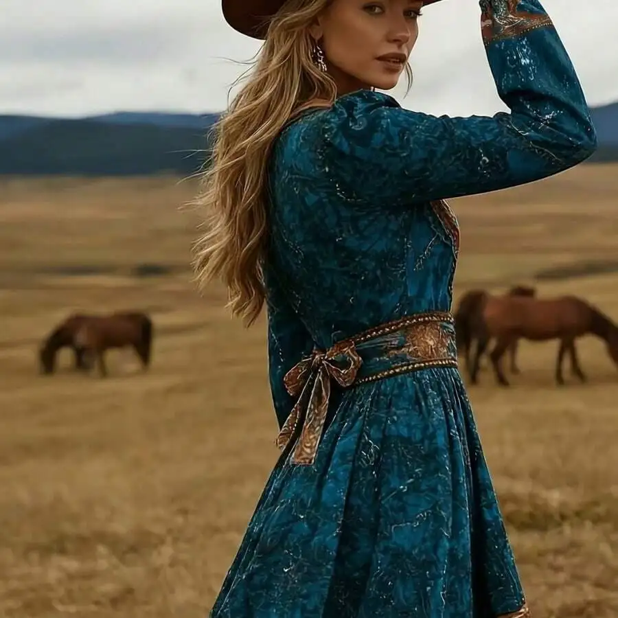 Women’s Teal Western Maxi Dress With V-Neck, Long Sleeves, Decorative Bow Belt, and Tiered Flare Skirt For Spring Summer
Women’s Teal Western Maxi Dress With V-Neck, Long Sleeves, Decorative Bow Belt, and Tiered Flare Skirt For Spring Summer