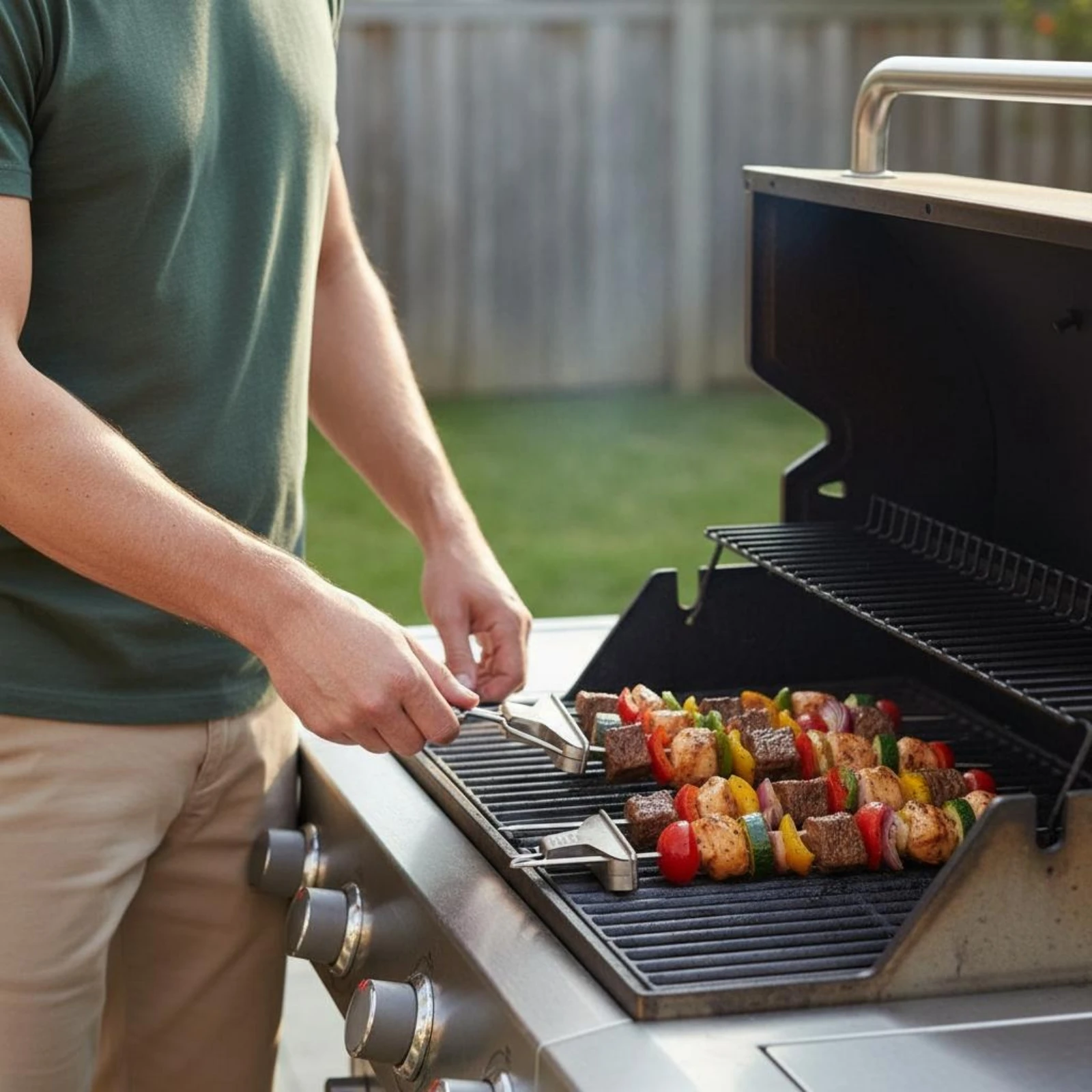 Three Skewer Barbecue Stand Reusable Stainless Steel Skewer Stand Kabob Holder More Even Cooking Grill Tool Stable Base
Three Skewer Barbecue Stand Reusable Stainless Steel Skewer Stand Kabob Holder More Even Cooking Grill Tool Stable Base