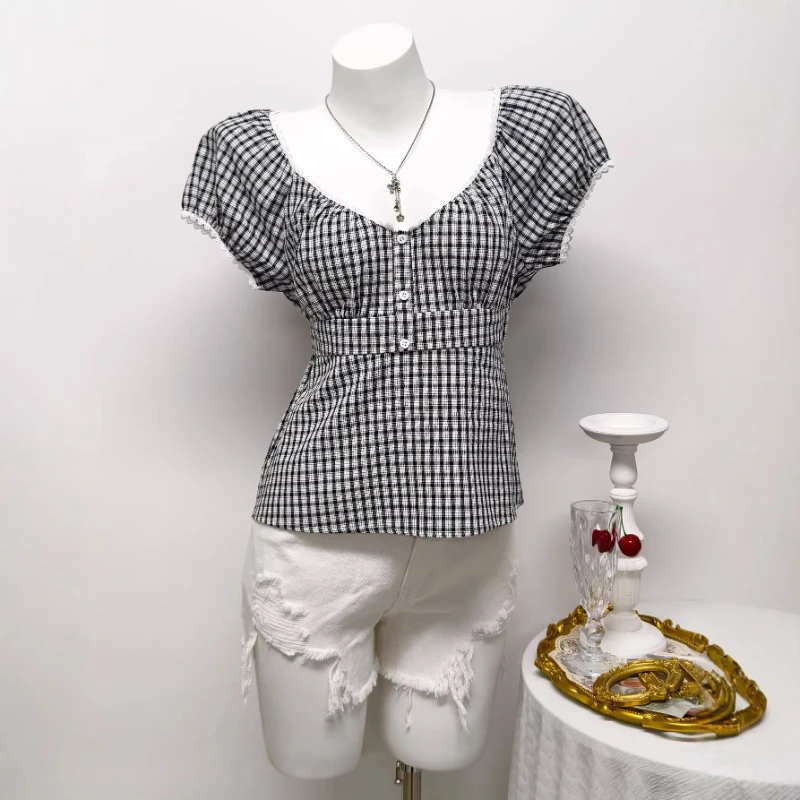 Tops Women Top Plaid V Neck Short Sleeve Y2k Streetwear Regular Elegant Splice Tight Waist Casual Work Slim Fit Spring 2026
Tops Women Top Plaid V Neck Short Sleeve Y2k Streetwear Regular Elegant Splice Tight Waist Casual Work Slim Fit Spring 2026