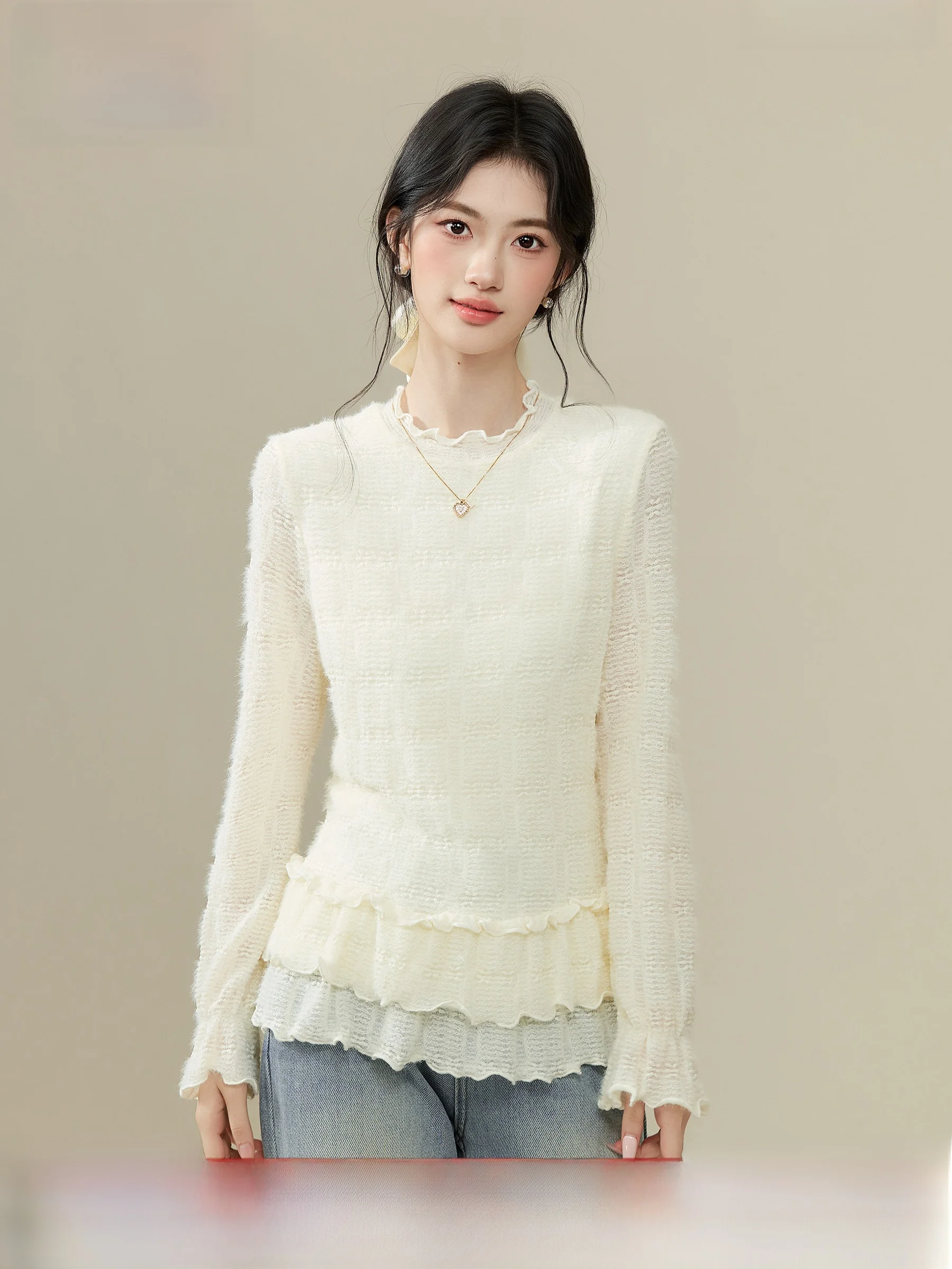 Lingjiu White Lace Knitwear Bell Sve Ruffle Collar Inner Wear Base Layer Women's Gentle Sle Polyester Fiber Long Sve Top
Lingjiu White Lace Knitwear Bell Sve Ruffle Collar Inner Wear Base Layer Women's Gentle Sle Polyester Fiber Long Sve Top