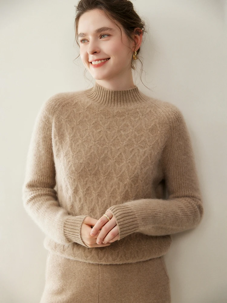 New Women's Mock Neck Base Jacquard Tops Chic Simple Basics Style Thick Pullover Autumn Winter 100% Cashmere Knitted Sweater
New Women's Mock Neck Base Jacquard Tops Chic Simple Basics Style Thick Pullover Autumn Winter 100% Cashmere Knitted Sweater