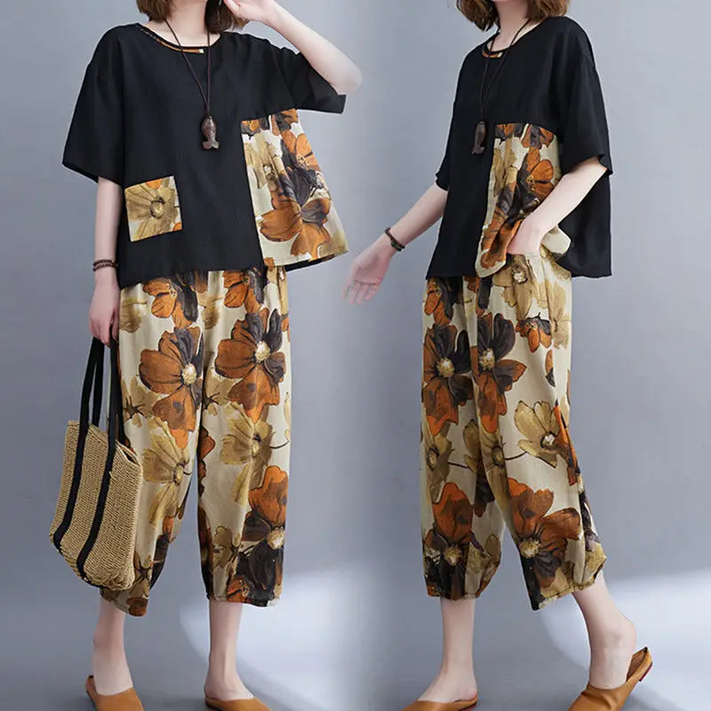 Summer New Fashion Printing Matching Sets Vintage Patchwork Loose Elastic Waist Thin Two-piece Suit Ladies Casual Cotton Harem
Summer New Fashion Printing Matching Sets Vintage Patchwork Loose Elastic Waist Thin Two-piece Suit Ladies Casual Cotton Harem