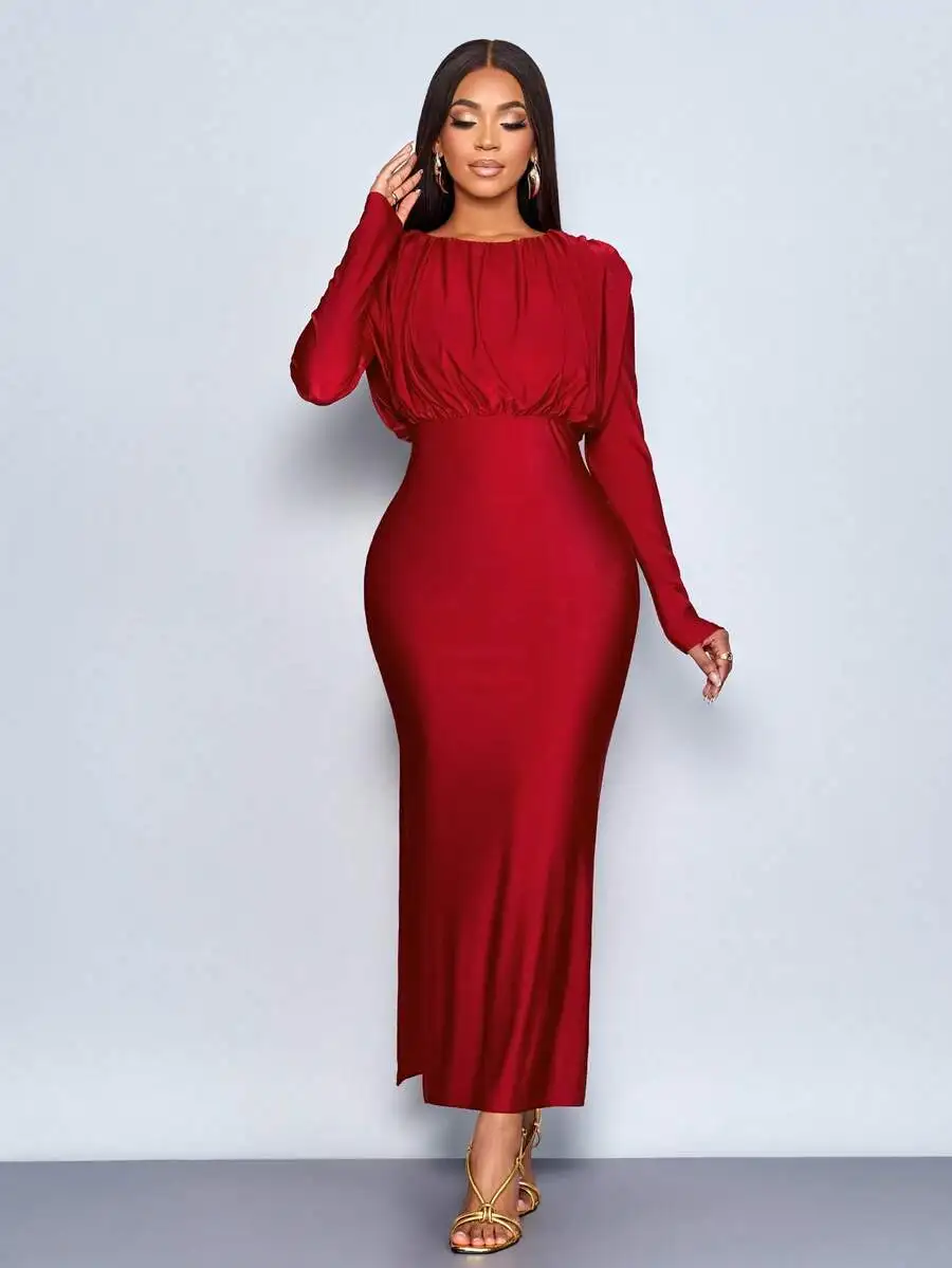 Womens Long Sleeve Red Bodycon Dress With Ruched Bust, Waist Cinched, Elegant For Party Banquet
Womens Long Sleeve Red Bodycon Dress With Ruched Bust, Waist Cinched, Elegant For Party Banquet