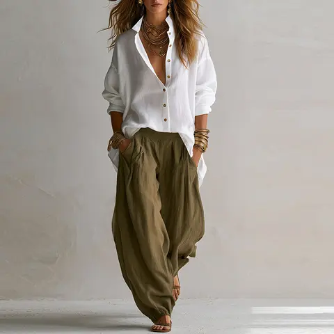 Spring Autumn Lapel Long Sleeve Button Blouse Shirt Elastic Waist Pants Suit Women Fashion Two Piece Set Lady Office Outfits